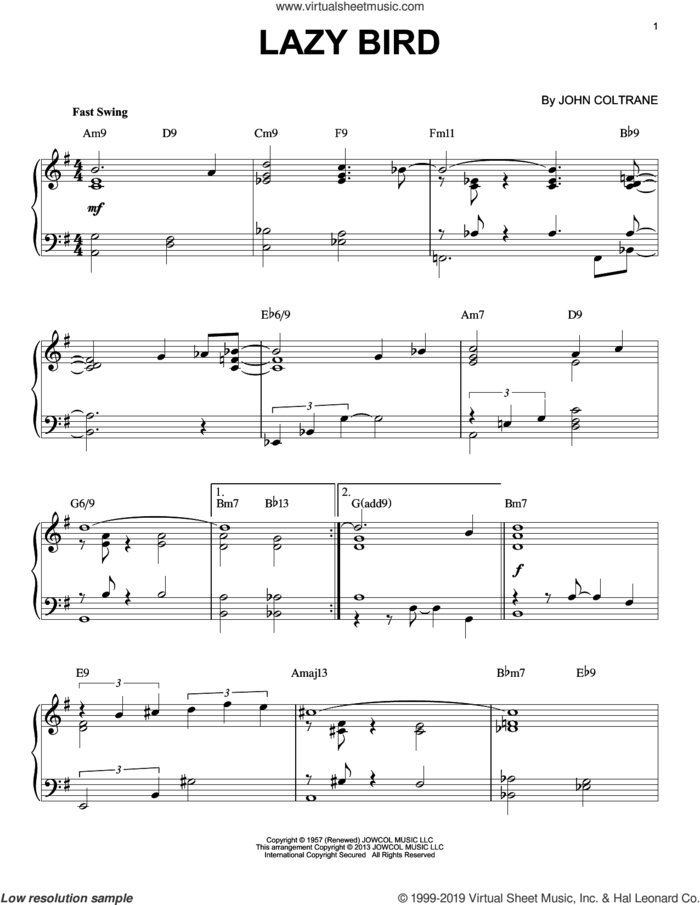 Lazy Bird (arr. Brent Edstrom) sheet music for piano solo by John Coltrane and Brent Edstrom, intermediate skill level