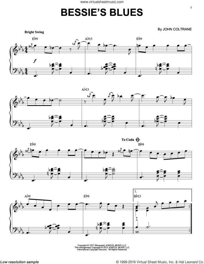 Bessie's Blues (arr. Brent Edstrom) sheet music for piano solo by John Coltrane and Brent Edstrom, intermediate skill level