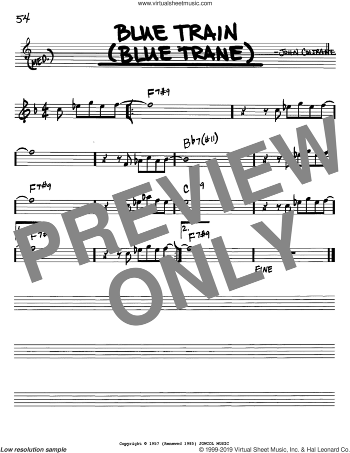 Blue Train (Blue Trane) sheet music for voice and other instruments (in Bb) by John Coltrane, intermediate skill level