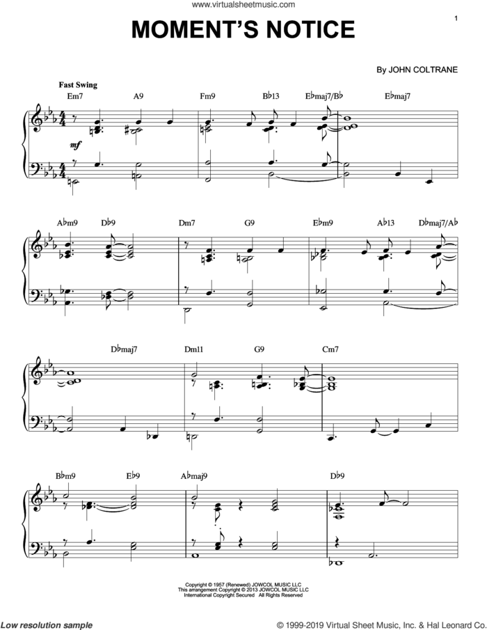 Moment's Notice (arr. Brent Edstrom) sheet music for piano solo by John Coltrane and Brent Edstrom, intermediate skill level