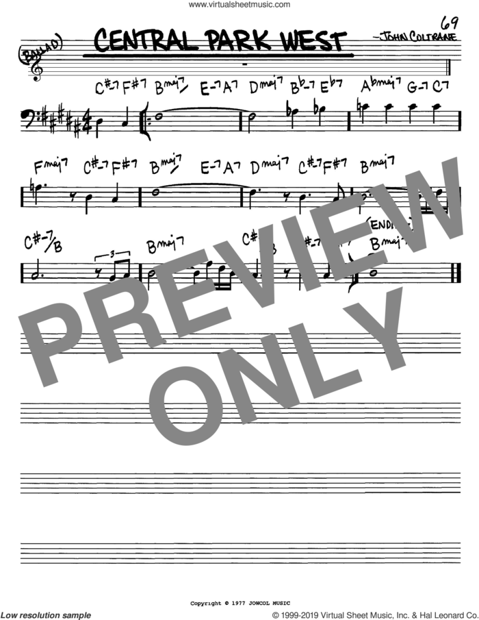Central Park West sheet music for voice and other instruments (bass clef) by John Coltrane, intermediate skill level