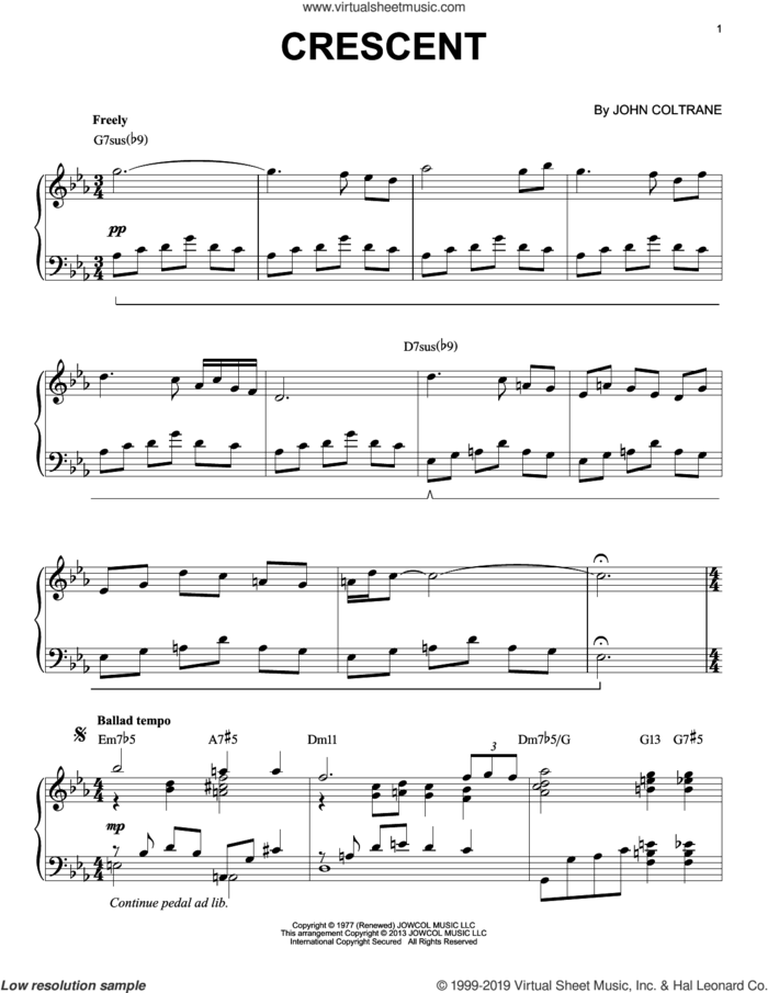 Crescent (arr. Brent Edstrom) sheet music for piano solo by John Coltrane and Brent Edstrom, intermediate skill level