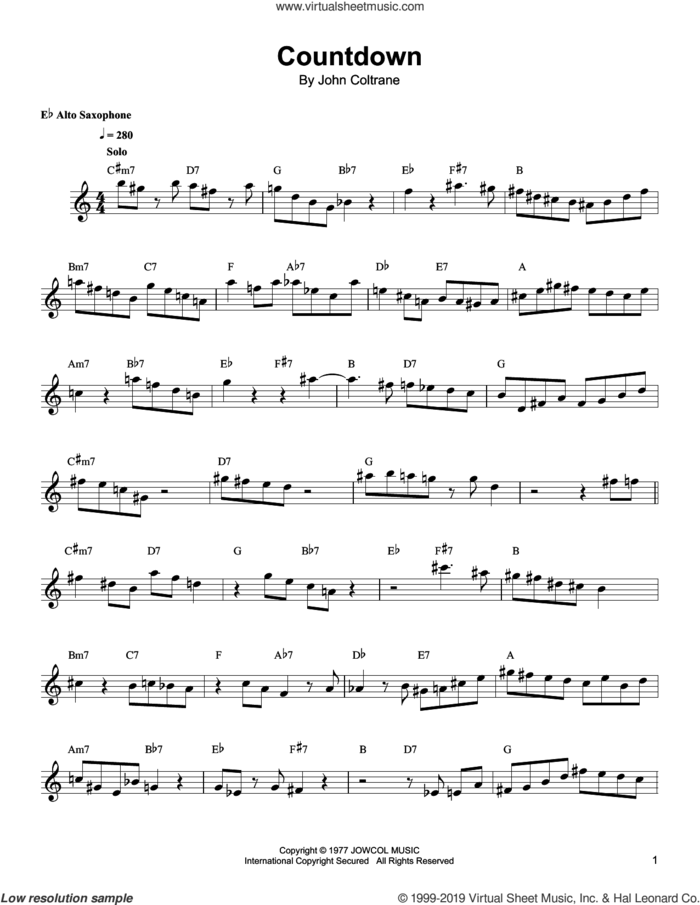 Countdown sheet music for alto saxophone (transcription) by Kenny Garrett and John Coltrane, intermediate skill level