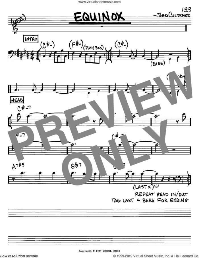 Equinox sheet music for voice and other instruments (bass clef) by John Coltrane, intermediate skill level