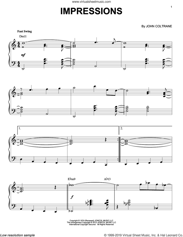 Impressions (arr. Brent Edstrom) sheet music for piano solo by John Coltrane and Brent Edstrom, intermediate skill level