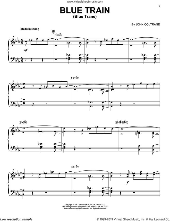 Blue Train (Blue Trane) (arr. Brent Edstrom) sheet music for piano solo by John Coltrane and Brent Edstrom, intermediate skill level