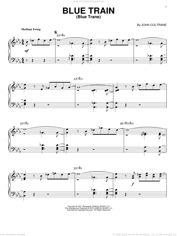 Blue Train (Blue Trane) (arr. Brent Edstrom) sheet music for piano solo by John Coltrane and Brent Edstrom, intermediate skill level