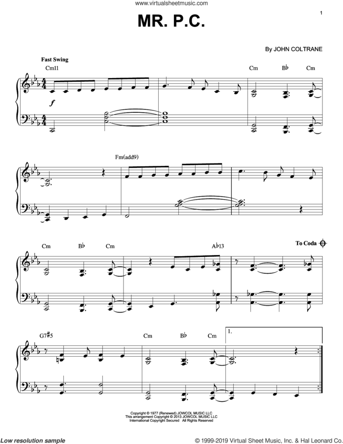 Mr. P.C. (arr. Brent Edstrom) sheet music for piano solo by John Coltrane and Brent Edstrom, intermediate skill level