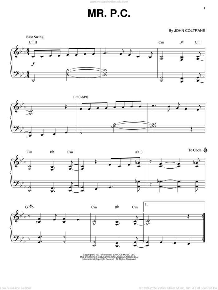 Mr. P.C. (arr. Brent Edstrom) sheet music for piano solo by John Coltrane and Brent Edstrom, intermediate skill level