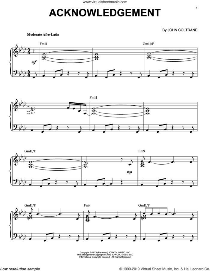 Acknowledgement (arr. Brent Edstrom) sheet music for piano solo by John Coltrane and Brent Edstrom, intermediate skill level