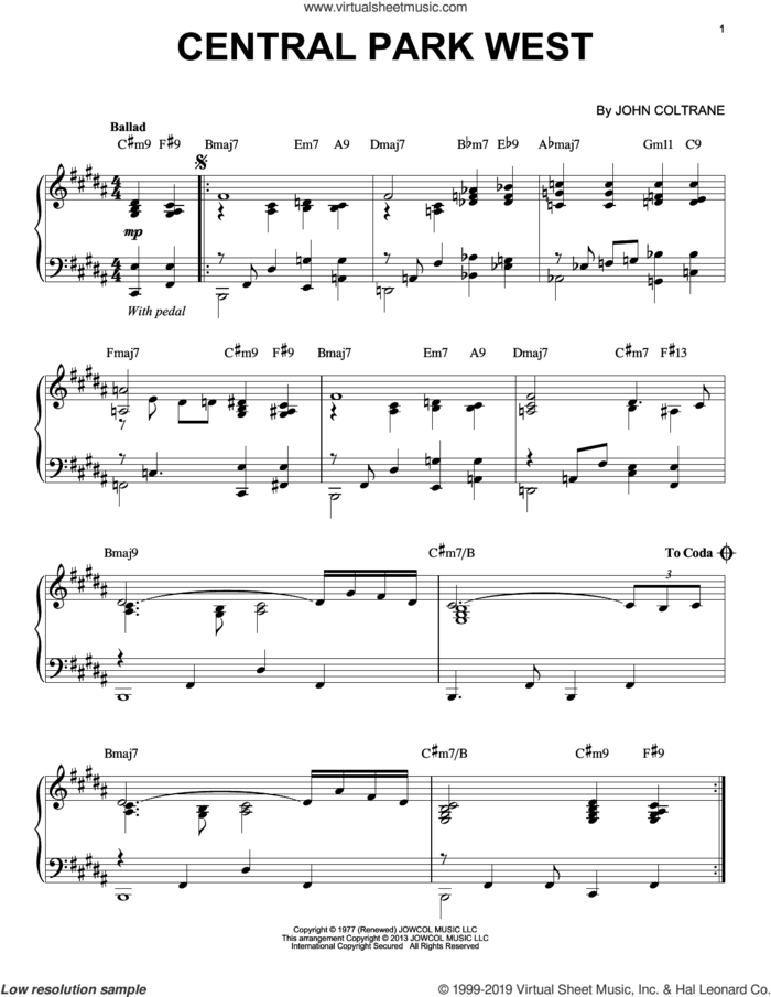 Central Park West (arr. Brent Edstrom) sheet music for piano solo by John Coltrane and Brent Edstrom, intermediate skill level