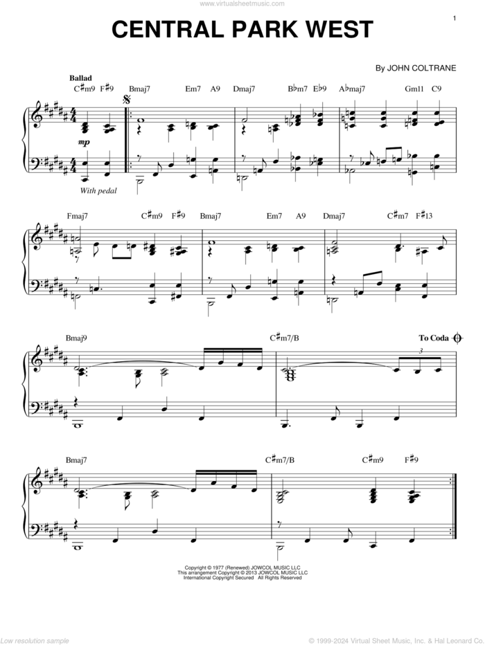 Central Park West (arr. Brent Edstrom) sheet music for piano solo by John Coltrane and Brent Edstrom, intermediate skill level