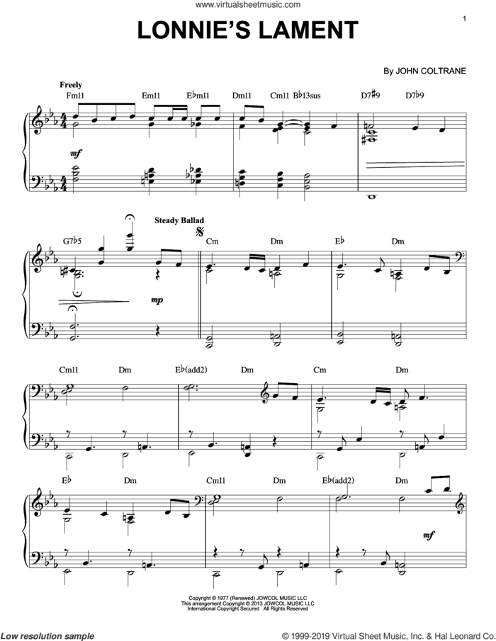 Lonnie's Lament (arr. Brent Edstrom) sheet music for piano solo by John Coltrane and Brent Edstrom, intermediate skill level