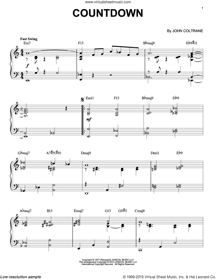Countdown (arr. Brent Edstrom) sheet music for piano solo by John Coltrane and Brent Edstrom, intermediate skill level