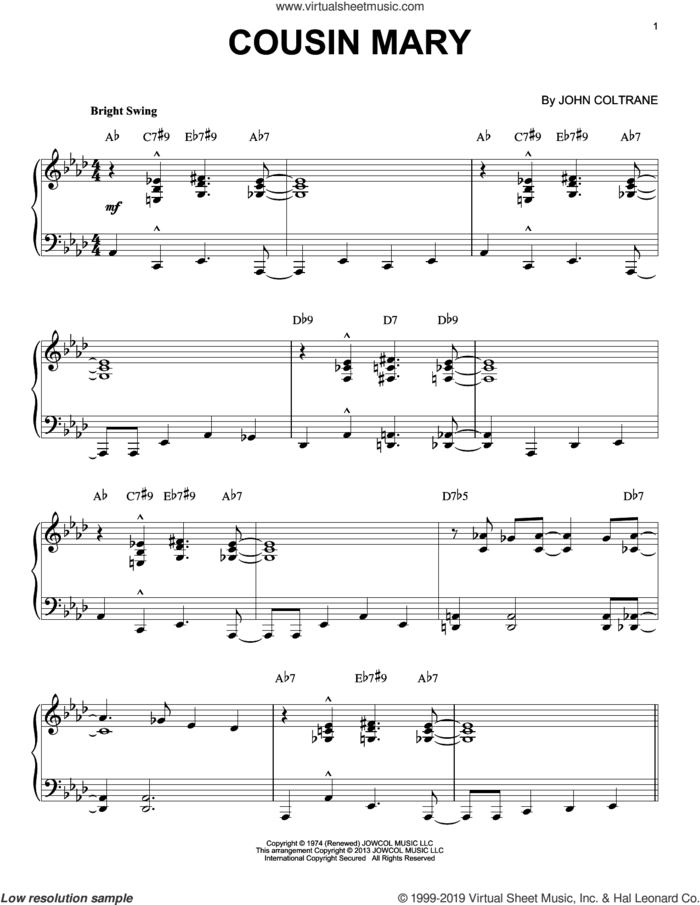 Cousin Mary (arr. Brent Edstrom) sheet music for piano solo by John Coltrane and Brent Edstrom, intermediate skill level