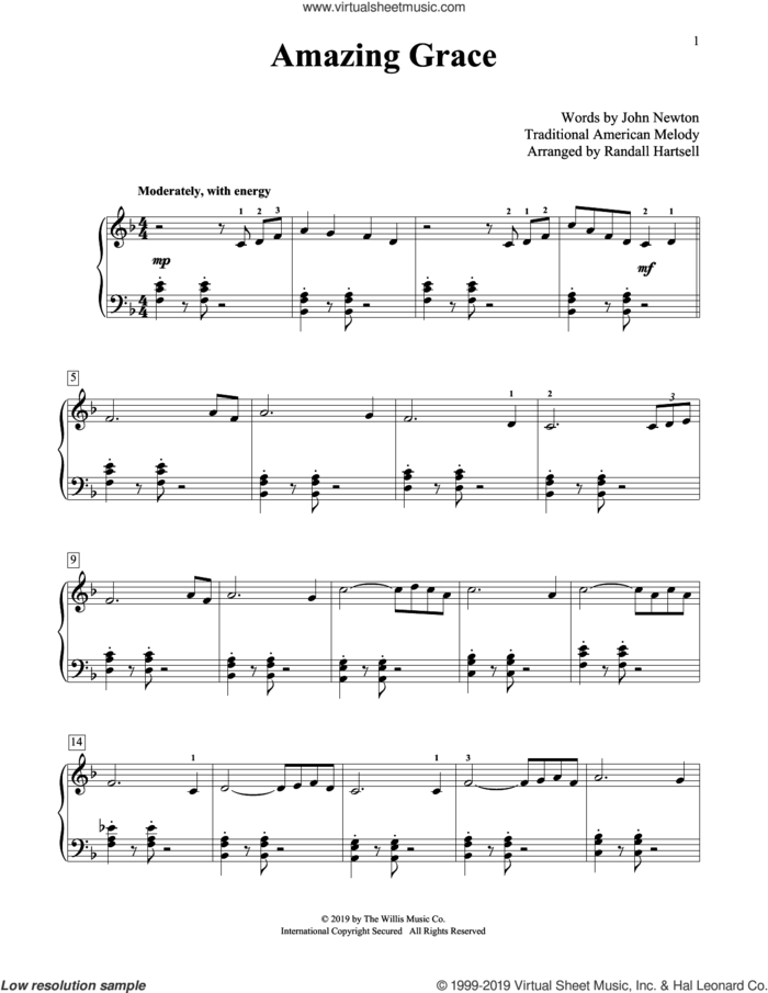 Amazing Grace (arr. Randall Hartsell) sheet music for piano solo (elementary) by John Newton, Randall Hartsell and Miscellaneous, beginner piano (elementary)