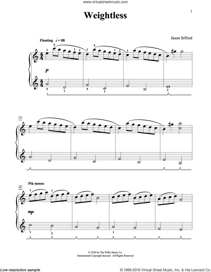 Weightless sheet music for piano solo (elementary) by Jason Sifford, beginner piano (elementary)
