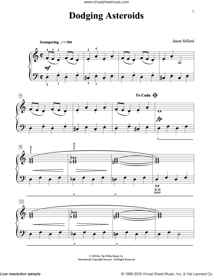 Dodging Asteroids sheet music for piano solo (elementary) by Jason Sifford, beginner piano (elementary)
