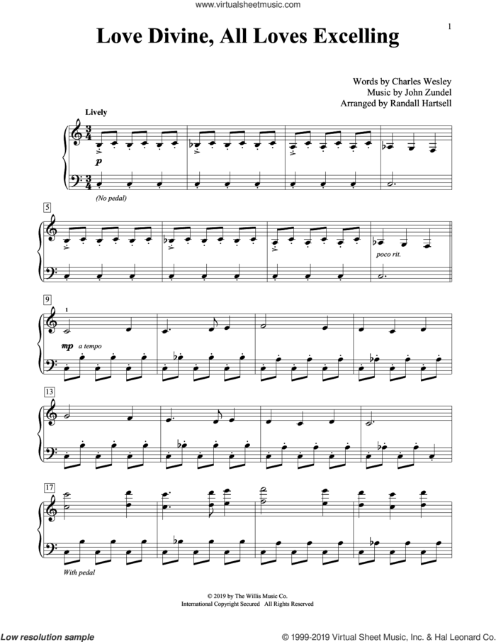 Love Divine, All Loves Excelling (arr. Randall Hartsell) sheet music for piano solo (elementary) by John Zundel, Randall Hartsell, Charles Wesley and Charles Wesley and John Zundel, beginner piano (elementary)