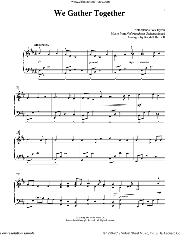We Gather Together (arr. Randall Hartsell) sheet music for piano solo (elementary) by Nederlandtsch Gedenckclanck, Randall Hartsell, Eduard Kremser (harm.), Miscellaneous and Theodore Baker (trans.), beginner piano (elementary)