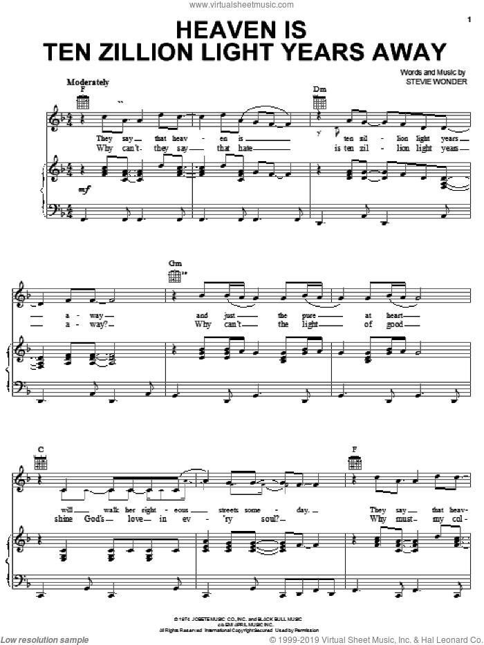 Heaven Is Ten Zillion Light Years Away sheet music for voice, piano or guitar by Stevie Wonder, intermediate skill level