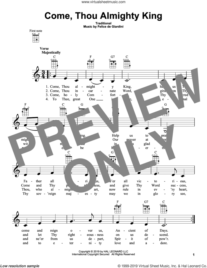Come, Thou Almighty King sheet music for ukulele by Felice de Giardini and Miscellaneous, intermediate skill level