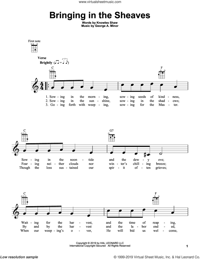 Bringing In The Sheaves sheet music for ukulele by Knowles Shaw and George A. Minor, intermediate skill level