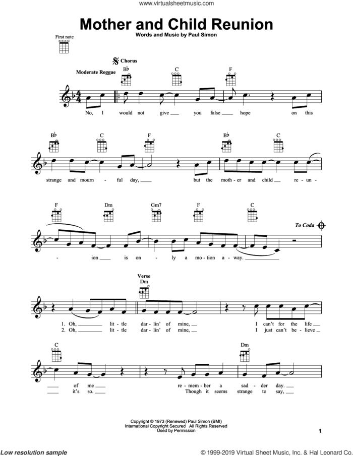 Mother And Child Reunion sheet music for ukulele by Paul Simon, intermediate skill level