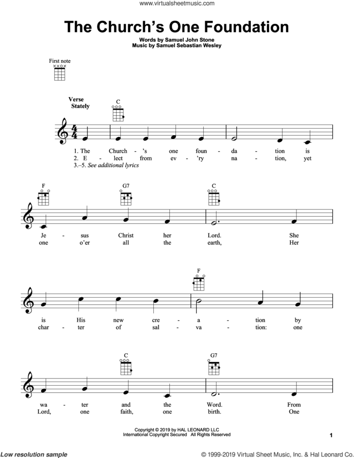 The Church's One Foundation sheet music for ukulele by Samuel Sebastian Wesley and Samuel John Stone, intermediate skill level