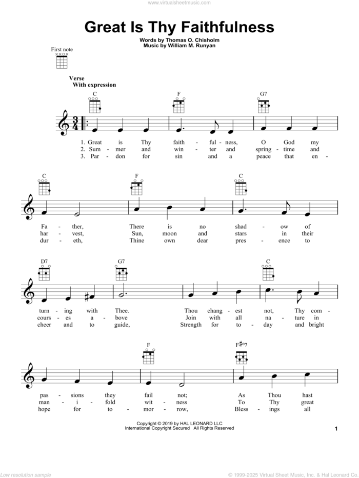 Great Is Thy Faithfulness sheet music for ukulele by Thomas O. Chisholm and William M. Runyan, intermediate skill level