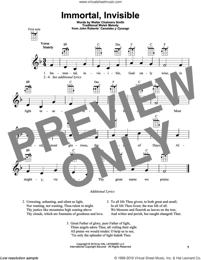 Immortal, Invisible sheet music for ukulele by Walter Chalmers Smith and Miscellaneous, intermediate skill level