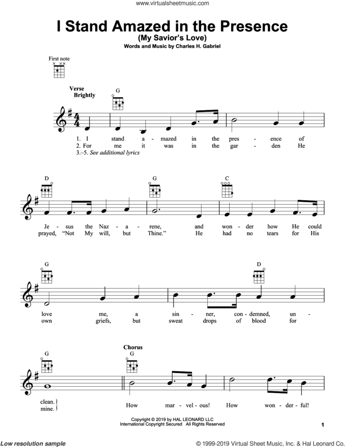 I Stand Amazed In The Presence (My Savior's Love) sheet music for ukulele by Charles H. Gabriel, intermediate skill level