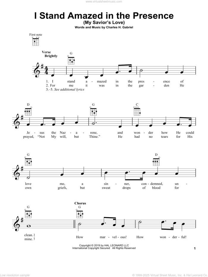 I Stand Amazed In The Presence (My Savior's Love) sheet music for ukulele by Charles H. Gabriel, intermediate skill level