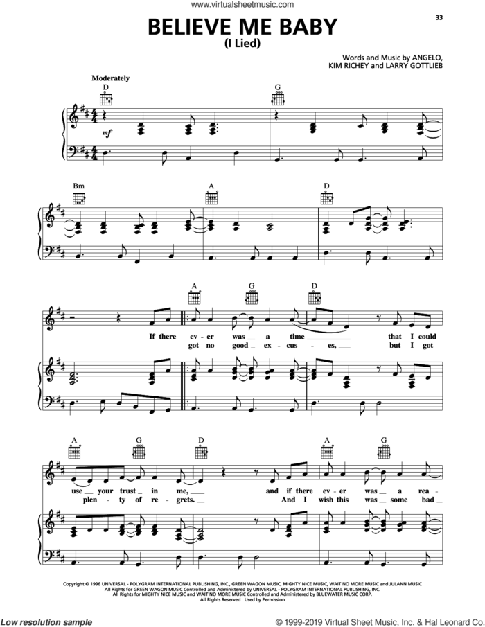 Believe Me Baby (I Lied) sheet music for voice, piano or guitar by Trisha Yearwood, Kimberly Richey, Larry Gottlieb and Patty Griffin, intermediate skill level