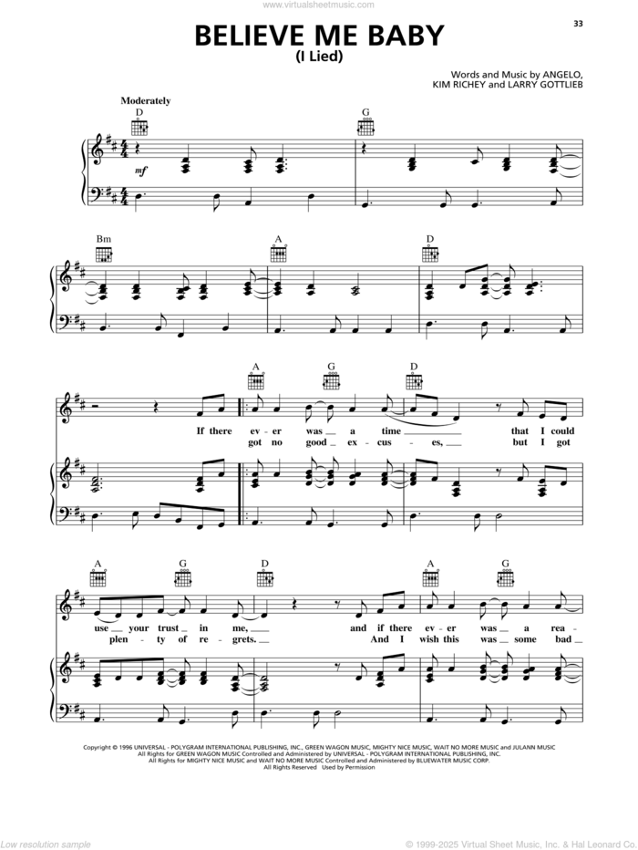 Believe Me Baby (I Lied) sheet music for voice, piano or guitar by Trisha Yearwood, Kimberly Richey, Larry Gottlieb and Patty Griffin, intermediate skill level