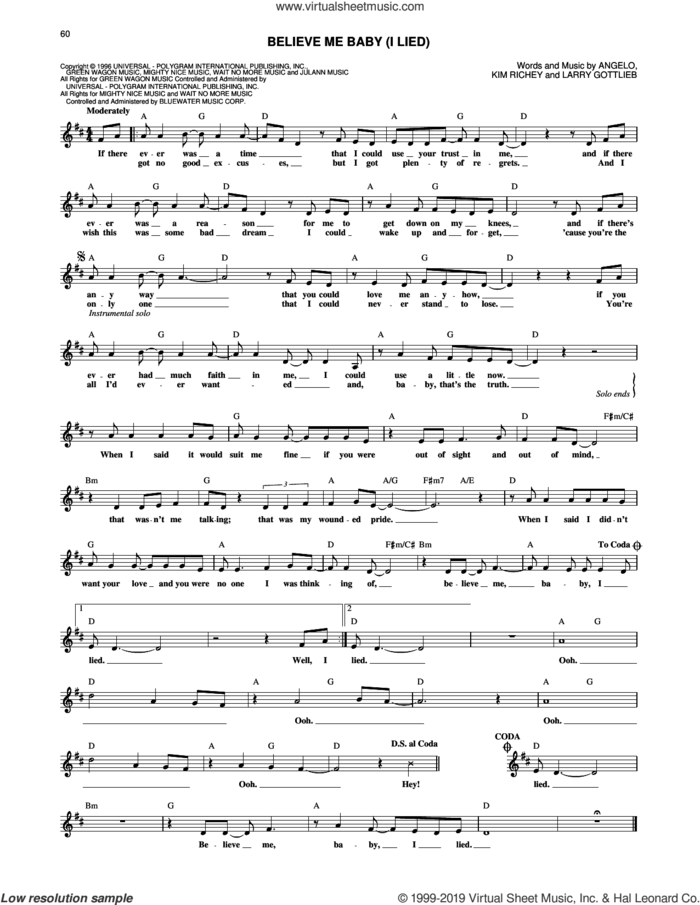 Believe Me Baby (I Lied) sheet music for voice and other instruments (fake book) by Trisha Yearwood, Kimberly Richey, Larry Gottlieb and Patty Griffin, intermediate skill level