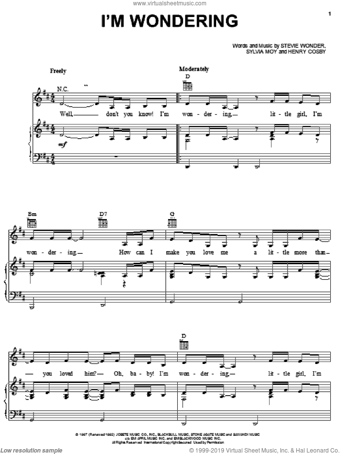 I'm Wondering sheet music for voice, piano or guitar by Stevie Wonder, Henry Cosby and Sylvia Moy, intermediate skill level