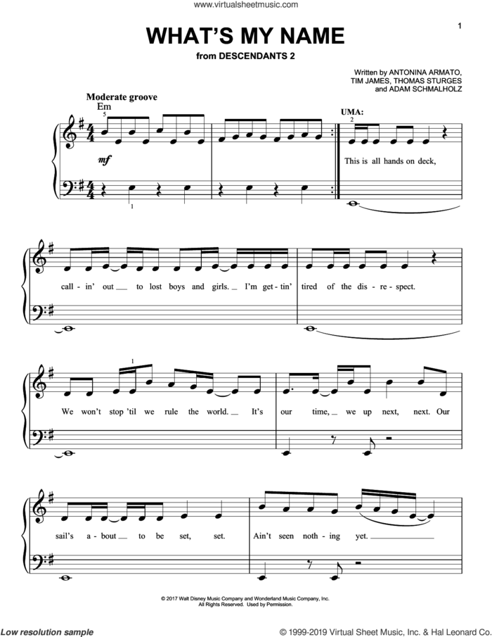 What's My Name (from Disney's Descendants 2) sheet music for piano solo by China Anne McClain, Dylan Playfair & Thomas Doherty, Adam Schmalholz, Antonina Armato, Thomas Sturges and Tim James, easy skill level