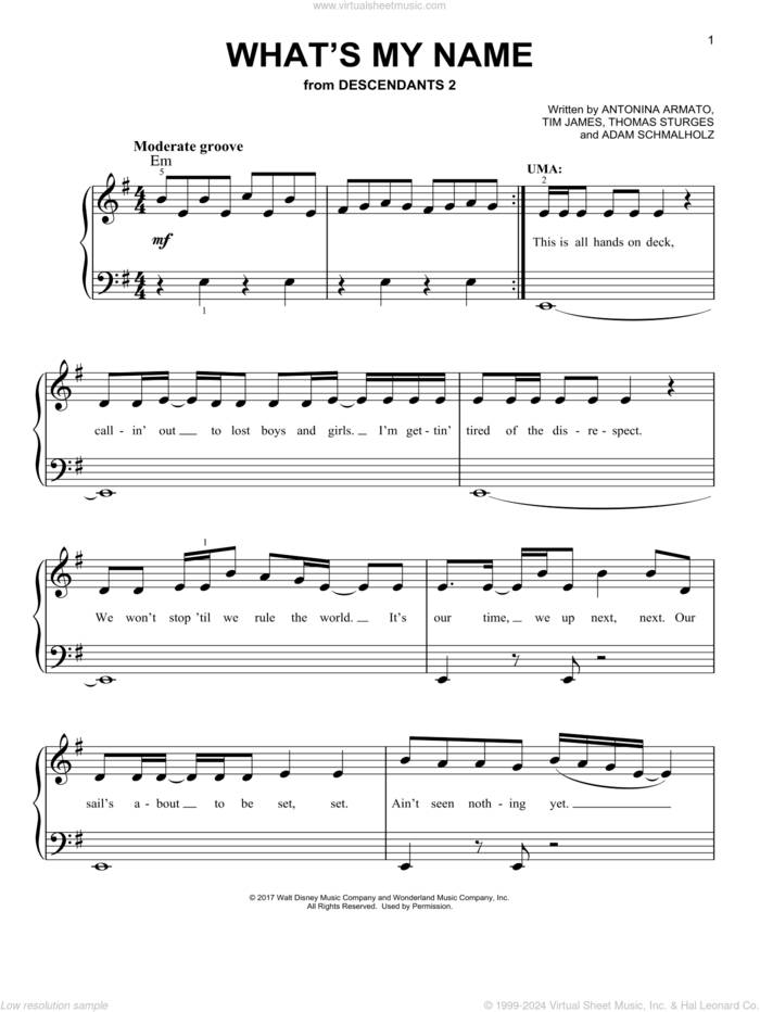 What's My Name (from Disney's Descendants 2) sheet music for piano solo by China Anne McClain, Dylan Playfair & Thomas Doherty, Adam Schmalholz, Antonina Armato, Thomas Sturges and Tim James, easy skill level