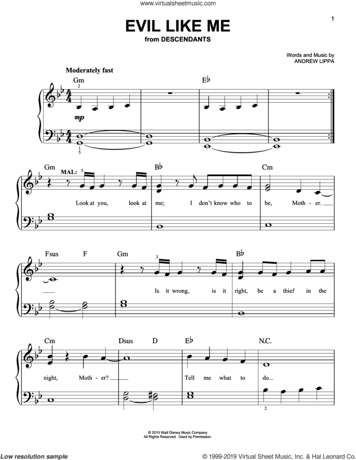 Evil Like Me (from Disney's Descendants) sheet music for piano solo by Andrew Lippa, easy skill level