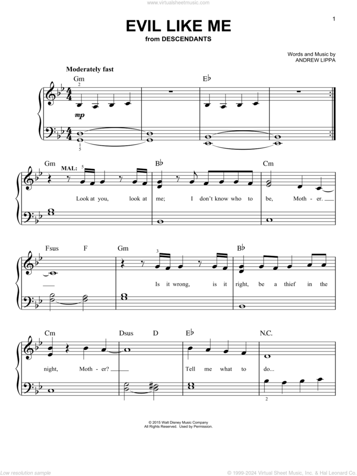 Evil Like Me (from Disney's Descendants) sheet music for piano solo by Andrew Lippa, easy skill level