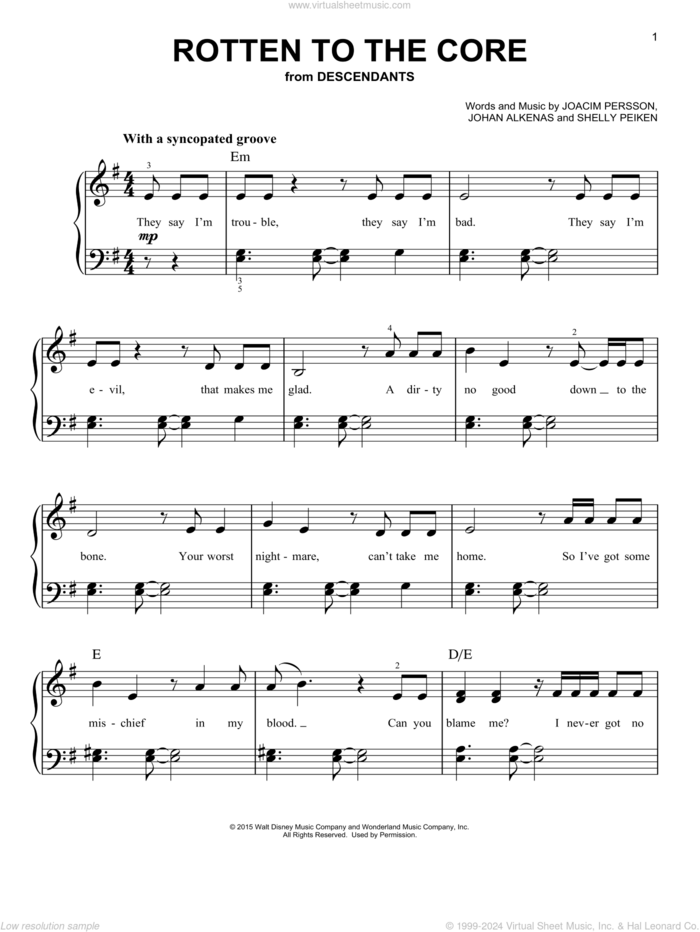 Rotten To The Core (from Disney's Descendants) sheet music for piano solo by Dove Cameron, Cameron Boyce, Booboo Stewart & Sofia Carson, Joacim Persson, Johan Alkenas and Shelly Peiken, easy skill level