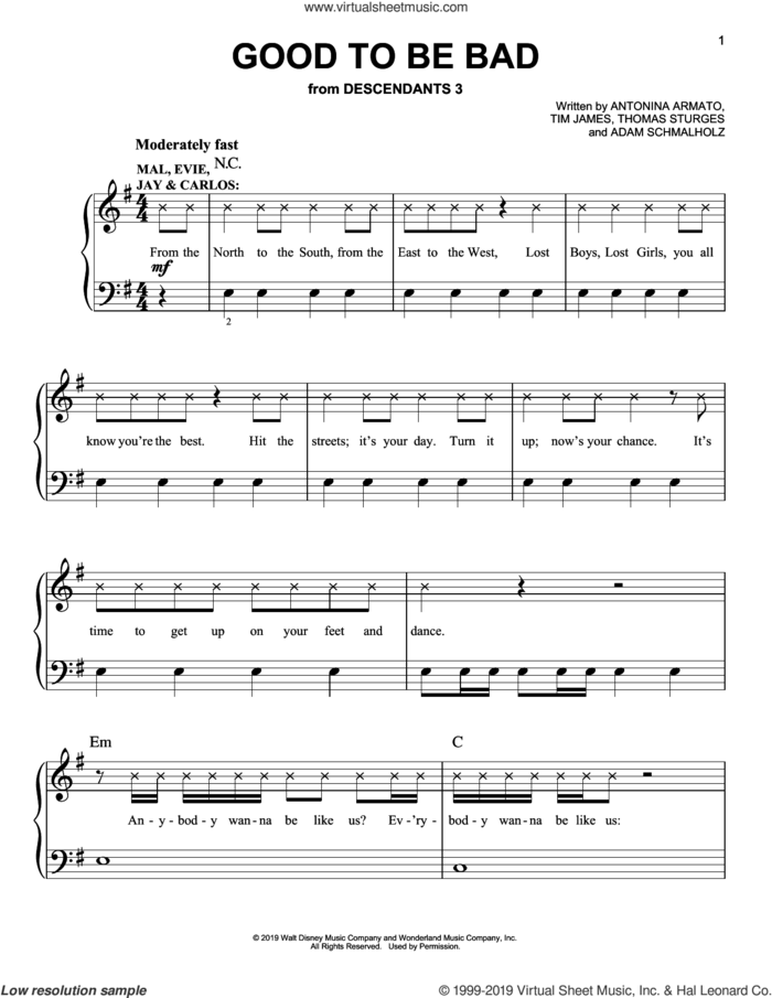 Good To Be Bad (from Disney's Descendants 3) sheet music for piano solo by Descendants 3 Cast, Adam Schmalholz, Antonina Armato, Thomas Sturges and Tim James, easy skill level