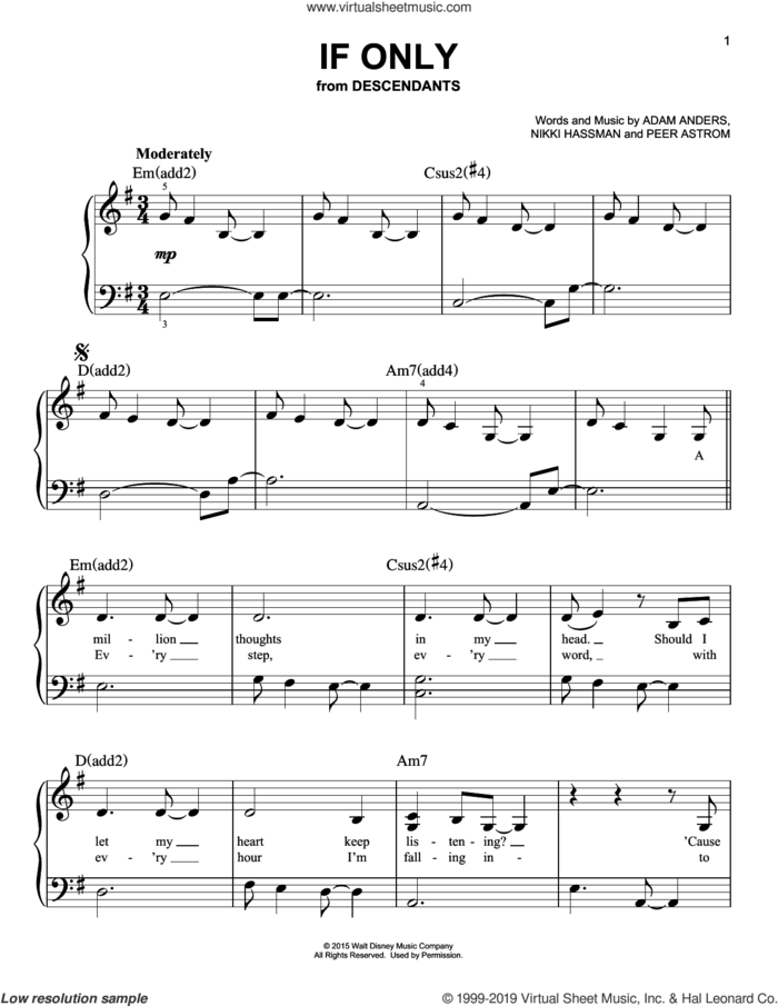 If Only (from Disney's Descendants) sheet music for piano solo by Dove Cameron, Adam Anders, Nikki Hassman and Par Astrom, easy skill level