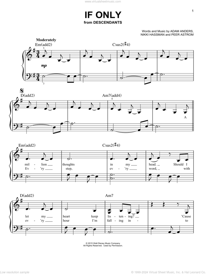 If Only (from Disney's Descendants) sheet music for piano solo by Dove Cameron, Adam Anders, Nikki Hassman and Par Astrom, easy skill level