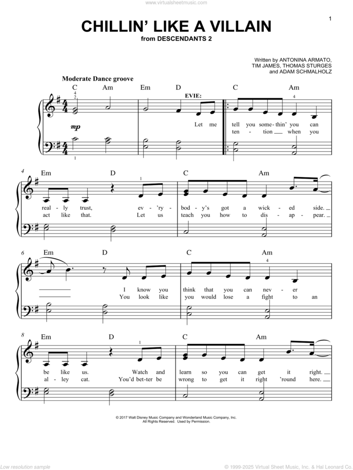 Chillin' Like a Villain (from Disney's Descendants 2) sheet music for piano solo by Adam Schmalholz, Antonina Armato, Thomas Sturges and Tim James, easy skill level