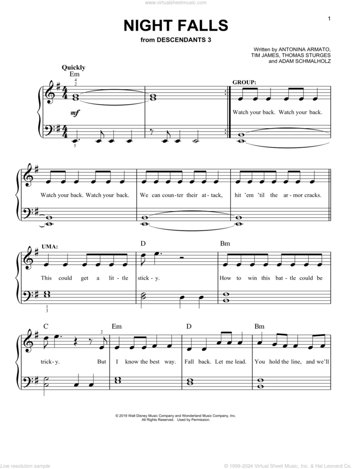 Night Falls (from Disney's Descendants 3) sheet music for piano solo by Descendants 3 Cast, Adam Schmalholz, Antonina Armato, Thomas Sturges and Tim James, easy skill level