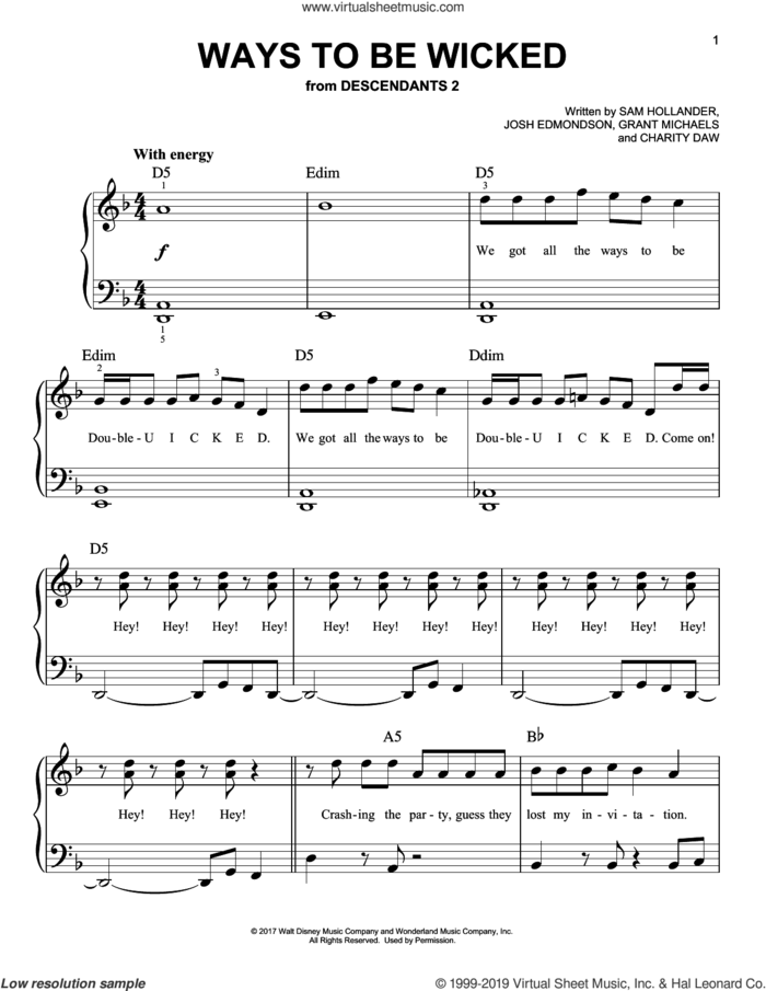 Ways to Be Wicked (from Disney's Descendants 2) sheet music for piano solo by Dove Cameron, Cameron Boyce, Booboo Stewart & Sofia Carson, Charity Daw, Grant Michaels, Josh Edmondson and Sam Hollander, easy skill level