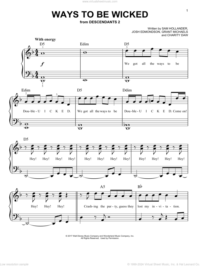 Ways to Be Wicked (from Disney's Descendants 2) sheet music for piano solo by Dove Cameron, Cameron Boyce, Booboo Stewart & Sofia Carson, Charity Daw, Grant Michaels, Josh Edmondson and Sam Hollander, easy skill level