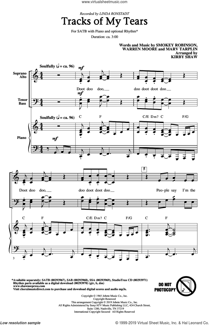 Tracks Of My Tears (arr. Kirby Shaw) sheet music for choir (SATB: soprano, alto, tenor, bass) by Linda Ronstadt, Kirby Shaw, The Miracles, Marvin Tarplin and Warren Moore, intermediate skill level